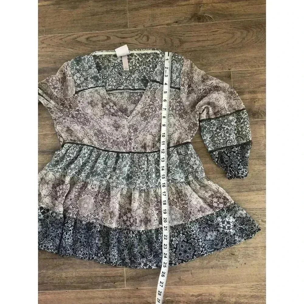 Knox Rose Blouse 3/4 Sleeve v neck casual size small sheer paisley multicolor - Picture 4 of 11